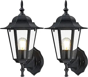 GRUENLICH Outdoor Wall Lantern, Wall Sconce as Porch Lighting Fixture with E26 Medium Base, Aluminum Housing Plus Glass, Water-Proof, Bulb Not Included, Black Finish, 2 Pack