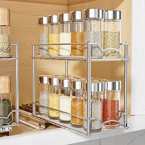MUDEELA Pull Out Spice Rack for Inside Cabinet, 2 Tier Chrome Spice Organization for Cabinet, Vertical Sliding Out Spice Rack Organizer for Seasoning, 10.4''D4.8''W9.3''H