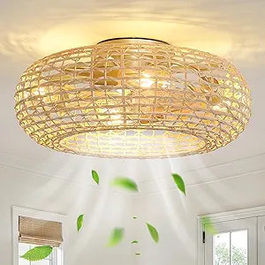Boho Caged Ceiling Fan Light: 20" Rattan Ceiling Fan Lights Flush Mount Bladeless Fandelier with Remote/Timer/Reversible 6 Speeds/DC Motor Low Profile Small Ventilador de Techo for Bedroom Living Room