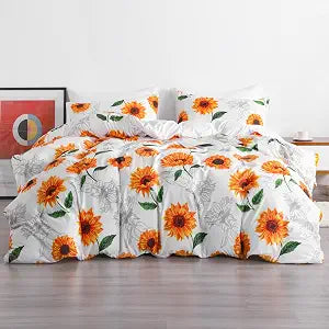 NTBAY Queen Sunflower Print Duvet Cover Set, 3 Piece, Orange and White