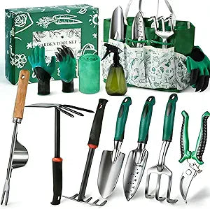 Garden Tool Set, 12-Piece Complete Stainless Steel Gardening Essentials, Heavy Duty Garden Tools with Large Storage Tote, Gardening Gifts for Women, Men, Mom & Dad Beginners Gardeners, Green