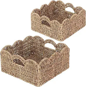 Scalloped Baskets (Natural-Set of 2) Basket Living Room Organizer, Water Hyacinth Baskets For Decor, Woven Basket for Bathroom, Bedroom, Laundr (2, Dark Brown)