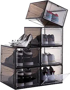 Attelite Shoe Box,Set of 6,Stackable Plastic Clear Shoe Box Organizer with Magnetic Door,Shoe Storage Box Thicken Sturdy,Easy Assembly,Fit up to US Size 12,Black