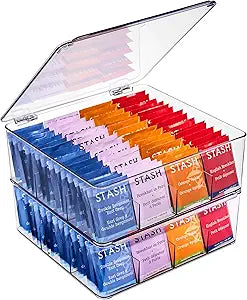 Sorbus Tea Bag Organizer, Stackable Tea Bag Storage Organizer with 12 Compartments and Hinged Lid, Plastic Tea Bags Holder for Kitchen Organizers