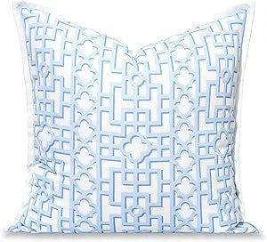 Hofdeco Premium Grandmillennial Coastal Hampton Patio Indoor Outdoor Throw Pillow Cover Only, 20"x20" Water Repellent for Backyard, Couch, Poolside, Baby Blue Print Fretwork Trellised Screen