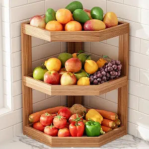 3 Tier Wooden Corner Fruit Basket for Kitchen Counter Vegetable Storage