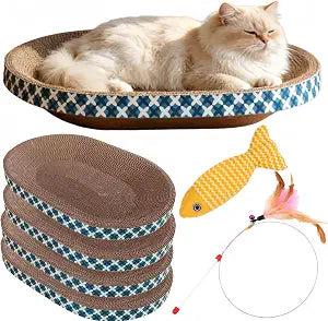 Cat Scratcher Bed with Toys, 4 Pack Oval Cat Scratcher Cardboard, Indoor Cat Scratch Bowl, Large Pad Cat Scratching Board with Catnip Fish Toy & Feather Wand for Furniture Protector L(17.5"x12.6"x3")