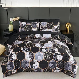 ZRNBAST 7 Pieces King Comforter Sets, Black Geometric Bed in A Bag with Sheets, Floral Print Bedding Sets, Soft Lightweight Microfiber Bed Set for All Season(Black Floral,King)