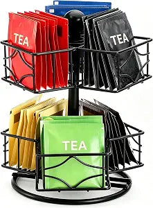 Frcctre Tea Bag Organizer, 360 Degree Tea Bag Spining Carousel Organizer with 6 Compartments, Lazy Susan Sugar Coffee Creamer Caddy for Kitchen Counter Cabinet Organizer, Up to 60 Tea Bags Storage