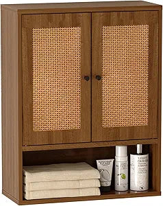 Bathroom Storage Cabinet,Rattan Cabinet Boho Chic Medicine Cabinet Over The Toilet Storage 3-Tier Cabinet Wall Mount with Double-Door for Kitchen,Dining Room,Living Room 19 x 7.68 x 24 in