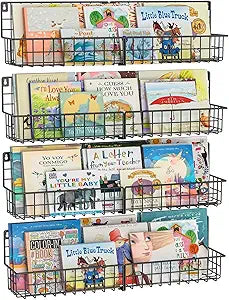 X-cosrack 24 Inch Wall Mounted Kids Bookshelf, Floating Metal Book Shelves for Kids Nursery Toddler Classroom, Hanging Book Shelf Organizer for Room Decor, Black, Set of 4
