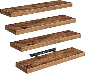 RALGEND Floating Shelves for Wall, 23.6 Wooden Wall Shelf Set of 4 with Invisible Brackets, 1.5" Thick Hanging Shelves Farmhouse Home Decor for Bathroom, Living Room, Bedroom, Rustic Brown 6301BJP4BF
