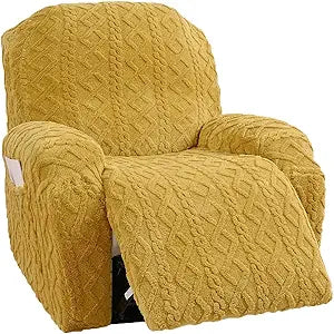 4 Pieces Recliner Chair Covers, Geometric Jacquard Plush Recliner Slipcovers, Couch Sofa Covers, Soft Fuzzy Fluffy Anti-Slip Furniture Protector for Kids Cats Dogs Elastic Bottom (Yellow,1 Seat)