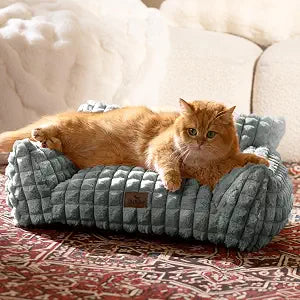 Cute Cat Couch Bed  Supportive & Fluffy Pet Sofa with Faux Rabbit Fur Washable Cover in 3D Diamond Pattern, 24" Grey