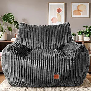 Giant Bean Bag Chair, Oversized Bean Bag Couch for Adults, Fluffy Corduroy BeanBag with Armrests for Living Room, Bedroom, Dorm Vacuum-Compressed for Easy Gifting, 48h to Expand, Dark Gray