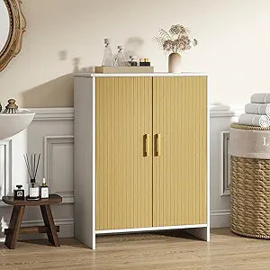 Bathroom Storage Cabinet, Floor Cabinet with 2 Fluted Doors and 2 Adjustable Shelves Wooden Freestanding Organizers and Storage, White