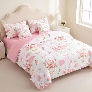 Feelyou Kids Pink Castle Bed in A Bag Twin Size, Cute Bowknot Comforter Set with Sheets Boys Girls Girls Dreamy House Bed in A Bag 7 Pieces Fairytale Teens Bedroom Decor 7Pcs