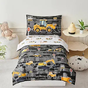 PERFEMET 4 Pieces Construction Boys Toddler Bedding Set, Vehicles Cars Truck Printed Toddler Comforter Set with Sheets, Soft Reversible Excavator Grey Bed Set for Baby Boy