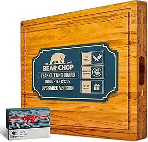 Bearchop Teak Cutting Boards for Kitchen, [17" x 13" x 1.5"] Medium Edge Grain Cutting Boards, Solid Teak Wood Butcher Block Cutting Board with Juice Grooves and Handle, Knife Friendly and Reversible