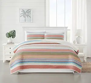 Palm Beach Yarn Dye Stripe 2 Piece Twin Quilt Set, Coastal and Nautical Themed, Oeko-TEX Certified Confidence
