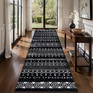 SERISSA Hallway Runner Rug, 2x10 Washable Non-Slip Black and White Runners for Hallways, Soft Low-Pile Boho Geometric Indoor Long Carpet for Kitchen Entryway Laundry Bedroom Bathroom