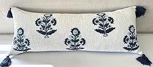 Blue Floral Hand Embroidered 14x36 Extra Long Lumbar Pillow Cover - Ivory Cushion Cover for Bed Headboard Bench - Crewel Grandmillennial Decor - Russell Motif