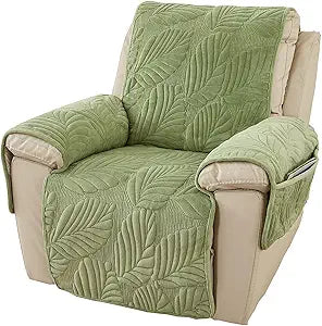 Velvet Plush Quilted Recliner Chair Cover, Palm Leaves Design Anti-Slip Super Soft Furniture Protector Slipcover with Elastic Straps for Kids, Pets, Dogs (Green)
