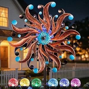 360Solar Wind Spinners for Yard and Garden - Outdoor Metal Wind Sculptures & Spinners, Vintage Copper Blue Kinetic Art with Solar Powered LED Multi-Color Glass Ball Lights for Patio, Lawn Decor