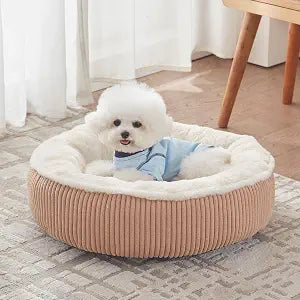 23 inches Donut Dog Bed for Small Dogs - Calming Round Puppy Bed with Removable &Washable Cover, Plush Faux Fur & Corduroy Pet Bed for Cats, Fits Pets up to 15 lbs(Brown,Small)