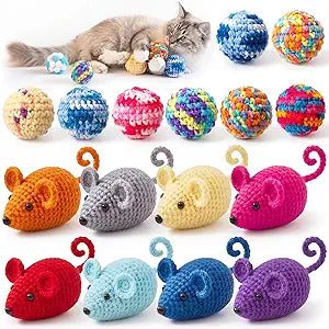 Shappy 16 Pcs Crochet Cat Toys Set, 8 Pcs Crochet Mice 8 Pack 1.77" Cat Ball Toys with Bell Inside, Yarn Mouse Animals for Medium Indoor Cats, Kitten Play Chew for Interactive Play Chase and Bat