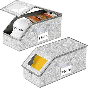 Hat Organizer for Baseball Caps 2PCS Stackable Storage with Clear Window Lid, Flip-Top Access, Space-Saving Hat Box for Closet, Breathable Fabric (Grey)