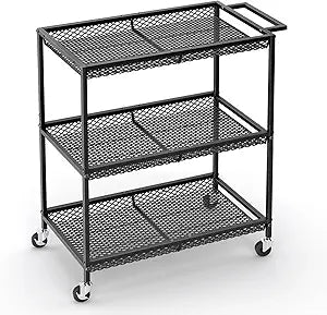 3 Tier Rolling Utility Kitchen Cart, Heavy Duty Wire Rolling Cart on Wheels, Commercial Metal Serving Carts with Handle, Kitchen Island Plant Shelf Food Storage Trolley for Laundry, Office, Garage