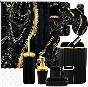 Patelai 10 Pcs Black Marble Bathroom Accessories Set Black and Gold Shower Curtain and Rugs Modern Marble Farmhouse Bathroom Decor Trash Can Soap Dish Toilet Lid Cover Toothbrush Holder Cup for Home