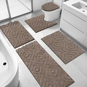 Ileading Bathroom Rugs Sets 5 Piece, Ultra Soft Absorbent Bath Mat for Bathroom, Non Slip Washable Bath Rug Set with Toilet Cover, Plush Bath Runner and U-Shaped Contour Toilet Rug, Coffee