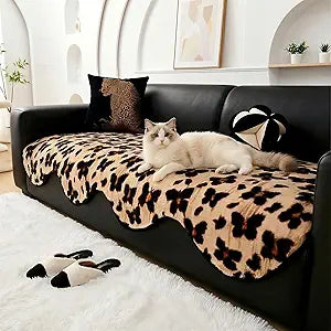 Luxury Extra Wide Faux Rabbit Fur Sofa Cover - Thick Plush Pet Couch Protector with Wavy Edge, Anti-Slip Silicone Backing, Washable Winter Pad (Vintage Leopard, 36" x 96" (Oversized Sofa))