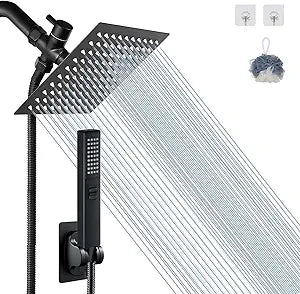8'' Matte Black Shower Head with hose, 2 in 1 Setting High Pressure Shower Heads, Anti-leak Rainfall Shower Head with Holder, Dual Rain Shower Head with Handheld Spray, Bellearlly