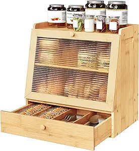 HOOBRO Bread Box, Bamboo Bread Box Storage Container with Drawer, 2-Tier Kitchen Countertop Food Storage Box with Acrylic Door, for Food, Natural YL21MB01