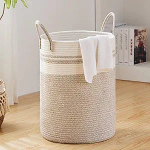 100L Extra Large Laundry Hamper Basket, 26.4Gal Tall Woven Laundry Basket Storage, Baby Nursery Hamper for Blankets, Clothes Hamper for Bedroom and Living Room Organizing, Brown & White