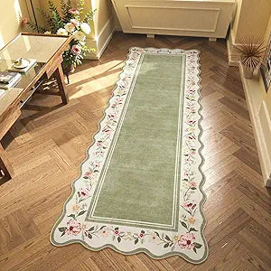 Lahome Floral 2'x 6' Washable Kitchen Runner Rug, Green Rug Runners for Hallways Non Slip, Scalloped Runner Rug Ultra-Thin Stain Resistant Boho Carpet for Entryway Bathroom Bedroom ArieleGreen2x6ft