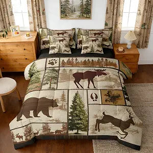 Erosebridal Rustic Bear Deer Cabin Bedding Set Queen Size,Kids Boys Western Country Farmhouse Comforter Set with Sheets 7 Pieces Camo Forest Lodge Bed in a Bag,Wildlife Animal Patchwork Bed Sets