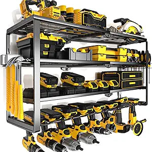 YYR 4 Layer Power Tool Organizer Wall Mount, Cordless Drill Hanger Storage Rack, Battery Tools Holder with Charging Station Shelf for Garage Organization, Workshop, Pegboard, Shed - 32 Inch 8 Slots