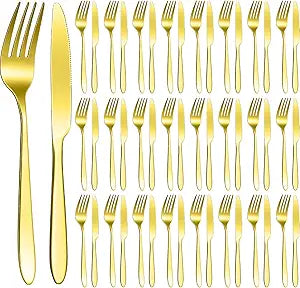 Nuenen 50 Pieces Stainless Steel Forks Silverware Set Dinner Forks and Knives Flatware Tableware Cutlery Set for Kitchen Restaurant(7.1 x 1 Inch, 8.4 x 0.7 Inch,Gold)