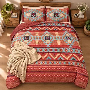 Western Southwestern Native American Quilt Set with Tribal Navajo Designs In Turquoise Red Orange Brown Bedspread Quilt Set (Queen 3 Pieces)