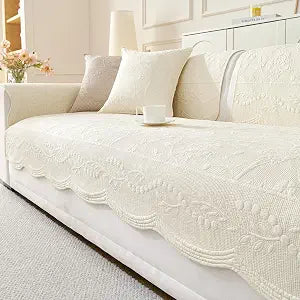 vctops Boho Cotton Quilted Couch Covers for Dogs, Floral Embroidery Scalloped Sofa Covers for Pet Washable, Modern Farmhouse Anti-Slip Couch Covers for Sectional Sofa (Cream,28"x70")