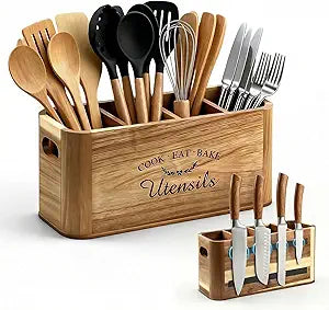 Acacia Wood Utensil Holder for Kitchen Countertop, Extra Large Wooden Utensil Organizer with Magnetic Knife Strip, 4 Compartment Farmhouse Kitchen Tool Caddy and Silverware Storage