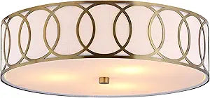 JONATHAN Y 15.5" Brass Gold Modern Metal LED Flush Mount Ceiling Light for Bedroom Hallway, White Linen Drum Shade with Geometric Fretwork, LED Bulbs Included (JYL3503A)