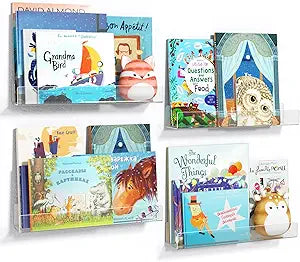 NIUBEE 16.5-Inch Acrylic Floating Bookshelves, 4-Pack, Clear Modern Wall Shelves for Child/Toddler Invisible Ledge Book Shelves for Multi-Layer or Multi-Room Storage in Kids Rooms and Family Spaces