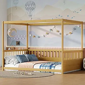 Full Size Canopy Bed Frame with 4 Posters and Guardrails, Full Size Montessori Floor Bed with High Fence, Natural Montessori Bed Full Size
