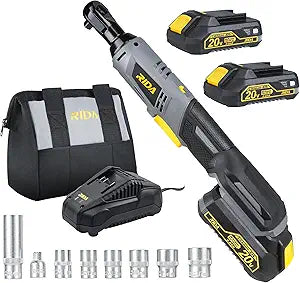 RIDA Cordless Electric Ratchet Wrench Set 60N.m 20V 3/8 "Electric Ratchet Tool Kit w/ 2 x 2.0AH Battery, 7 Sockets, 1/4" adapter w/ 60-Min Charger Variable Speed Gifts
