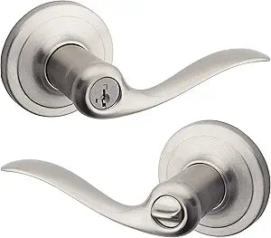Kwikset Tustin Entry Door Handle with Lock and Key, Secure Keyed Reversible Lever Exterior, For Front Entrance and Bedrooms, Satin Nickel, Pick Resistant Smartkey Rekey Security and Microban